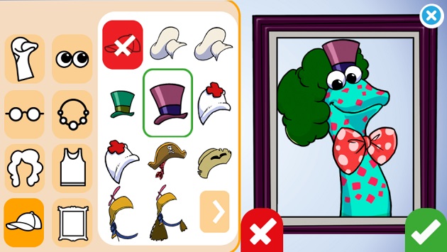 Ilustração digital. Personagem Meia à direita em um quadro, com corpo verde e pintinhas vermelhas, de gravata borboleta, cabelo verde e chapéu roxo. À esquerda, elementos para customizar o personagem. 