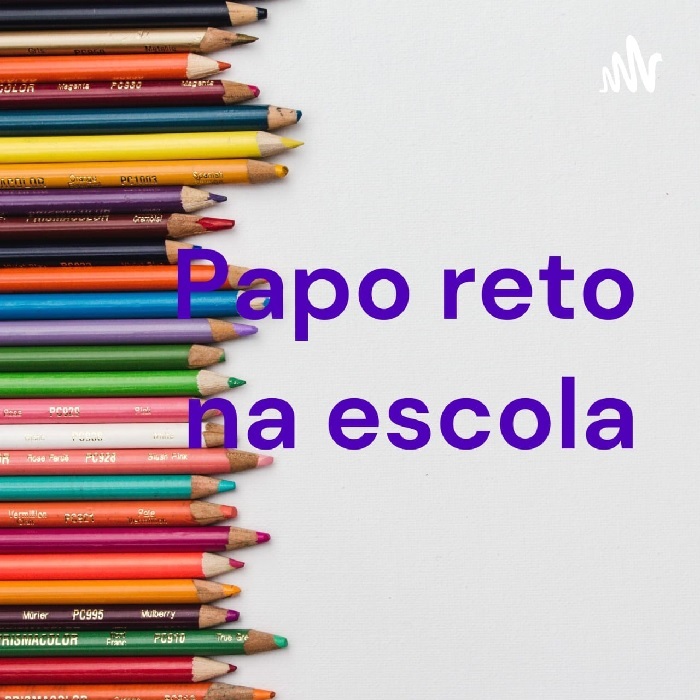 À esquerda, vário lápis de cores alinhados horizontalmente. À direita, o título do projeto: Papo reto na escola.