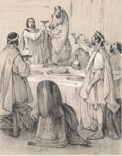 Desenho em preto e branco. Em volta de uma mesa com comida e bebida,  Calígula e funcionários romanos fazem um brinde. O cavalo de Cagígula, Incitatus, é um dos presentes à mesa.